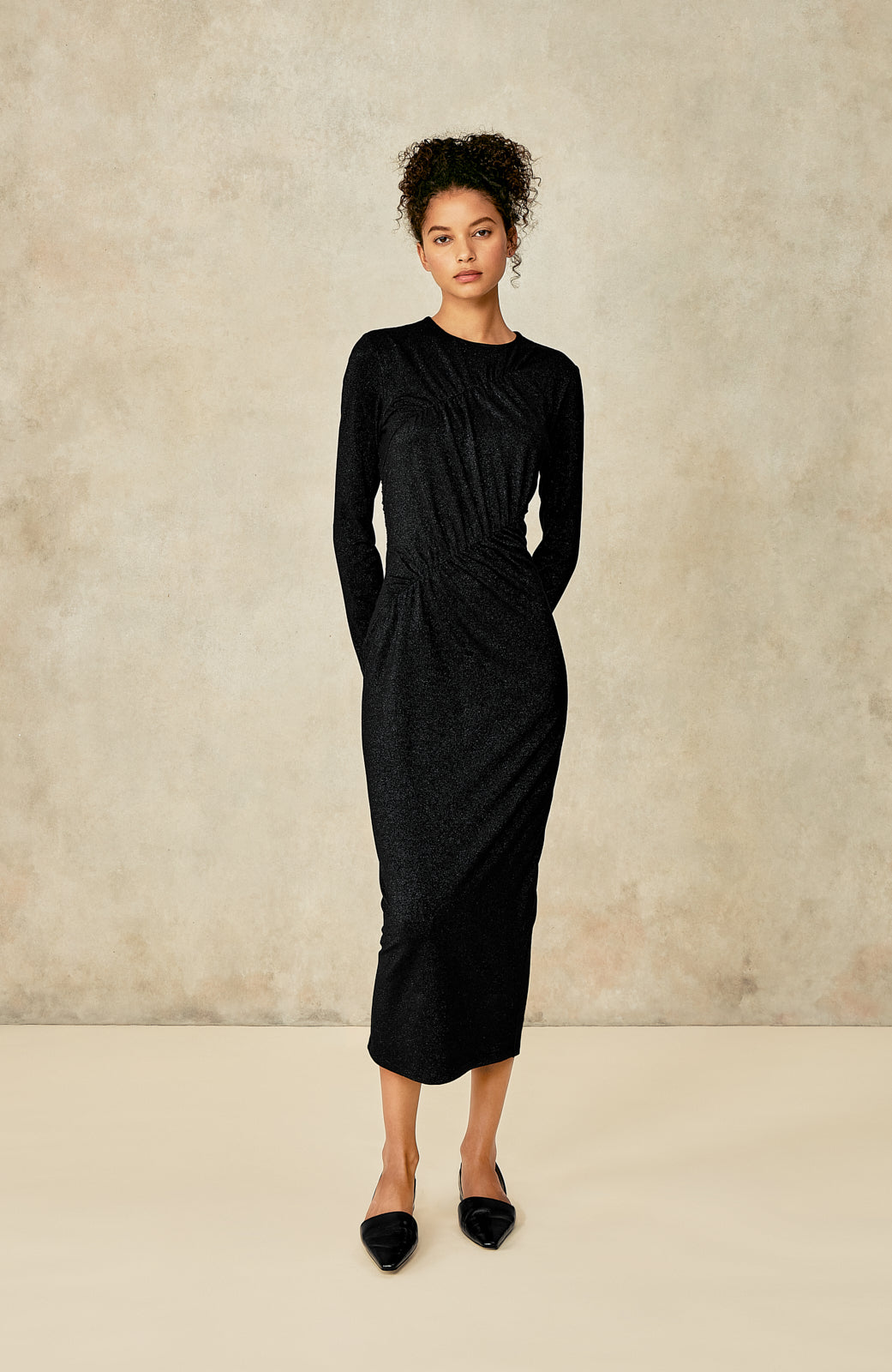 Metallic Jersey Ruched Dress | Black