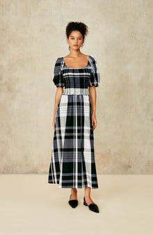 Stretch Plaid Smocked Midi Dress | Black Multi