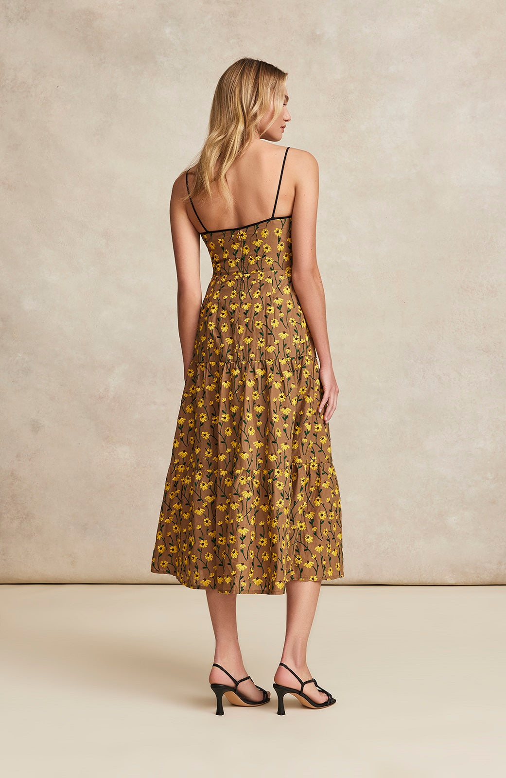 Floral Embroidered Voile Tie Detail Dress | Camel Multi