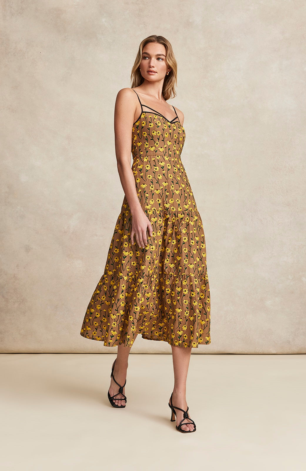 Floral Embroidered Voile Tie Detail Dress | Camel Multi