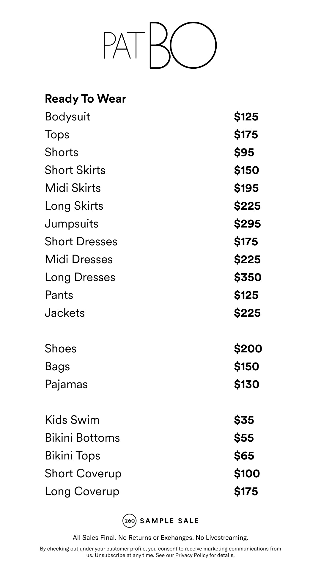 Price table
