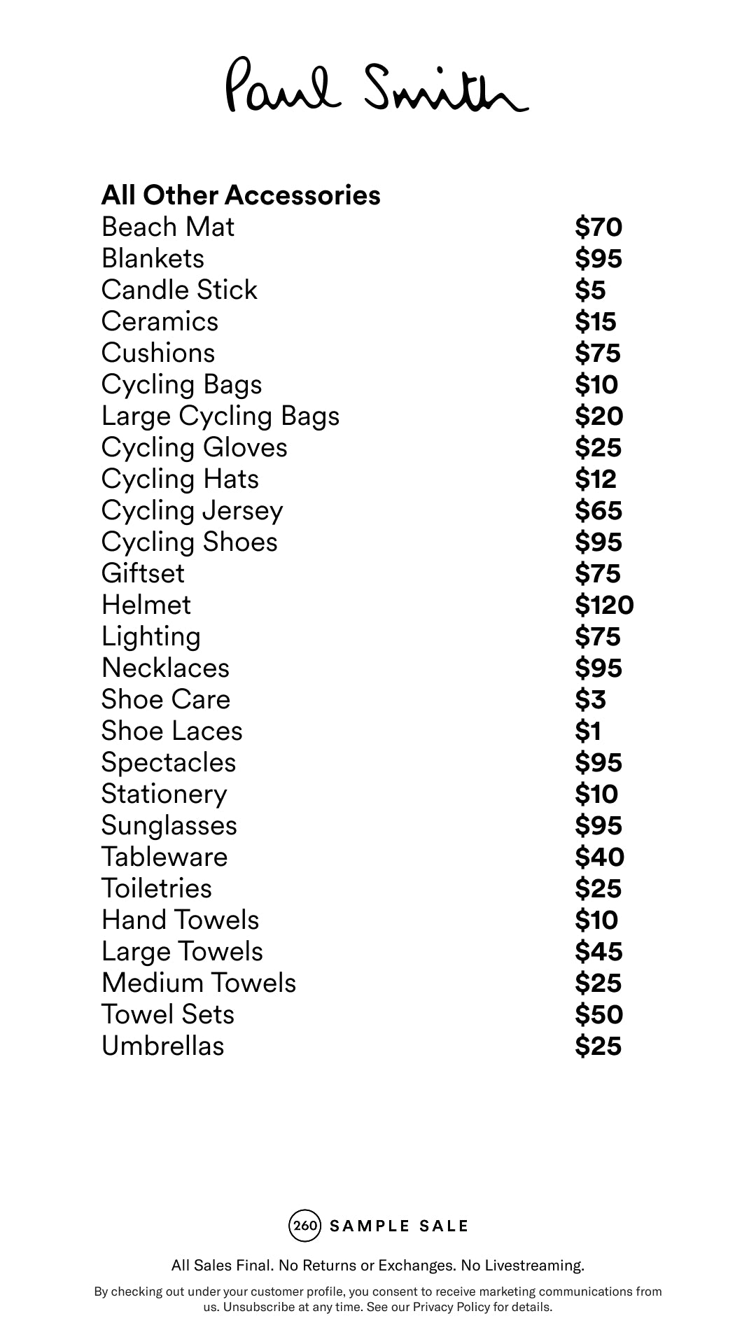 Price table