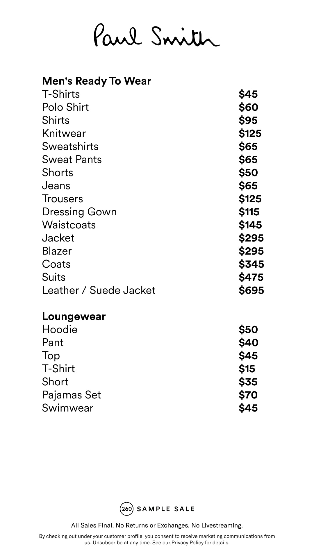 Price table
