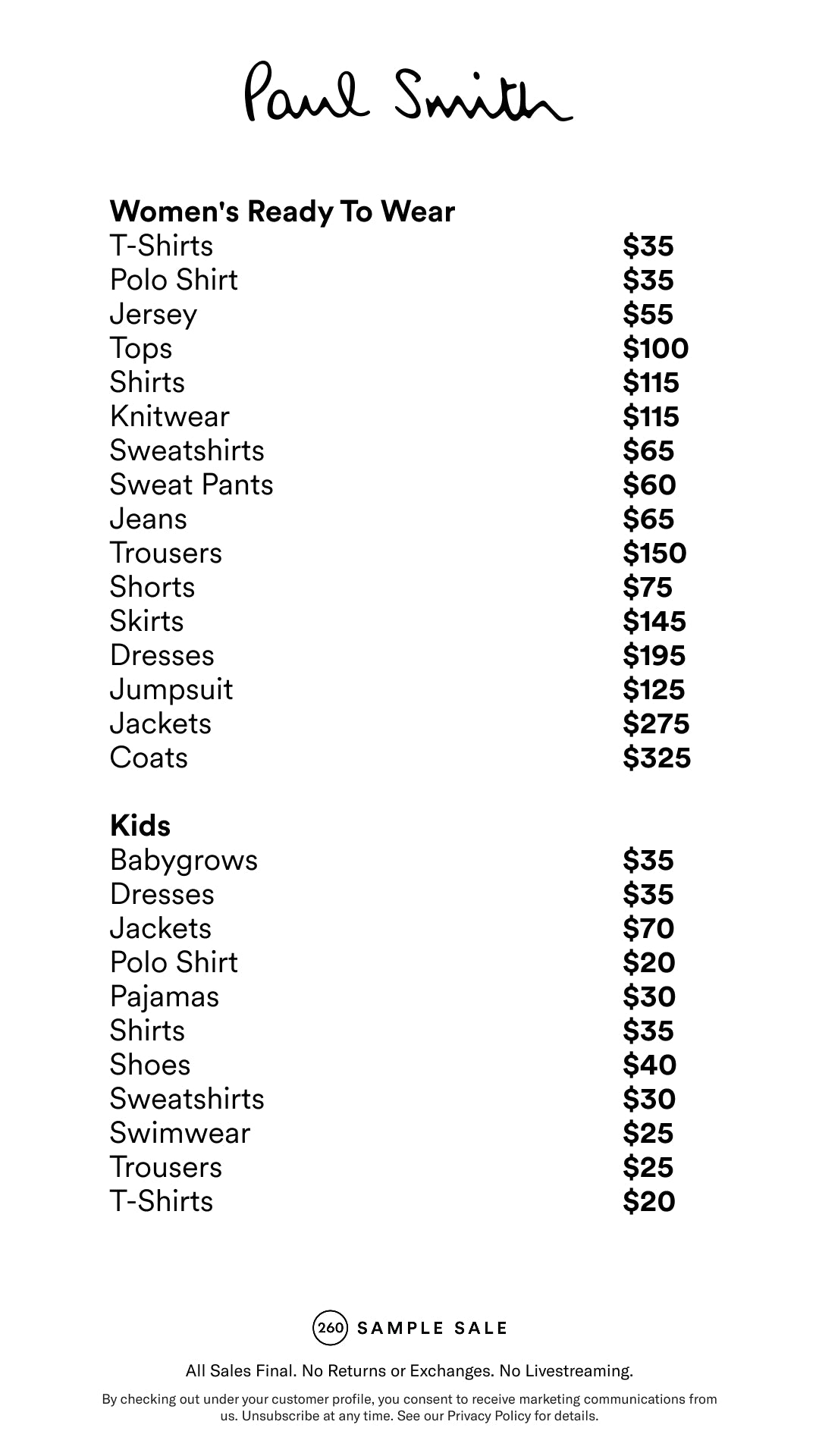 Price table