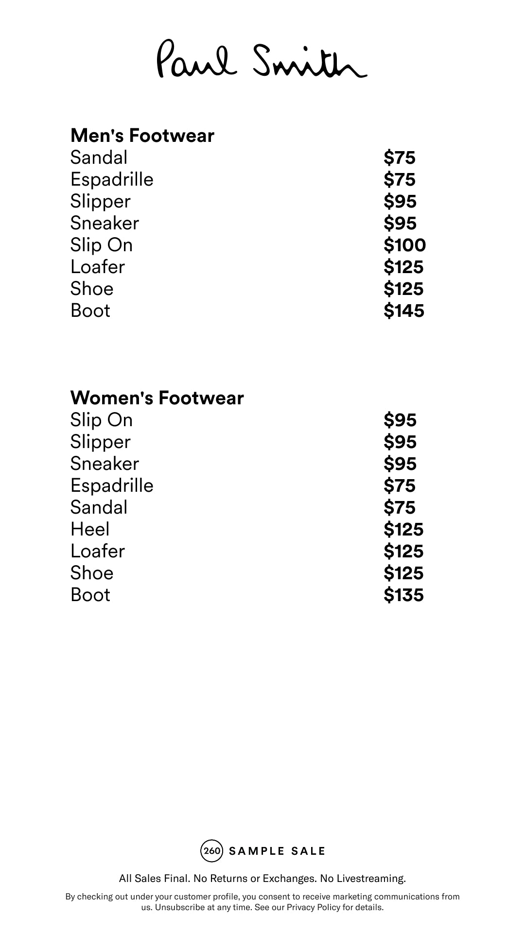Price table