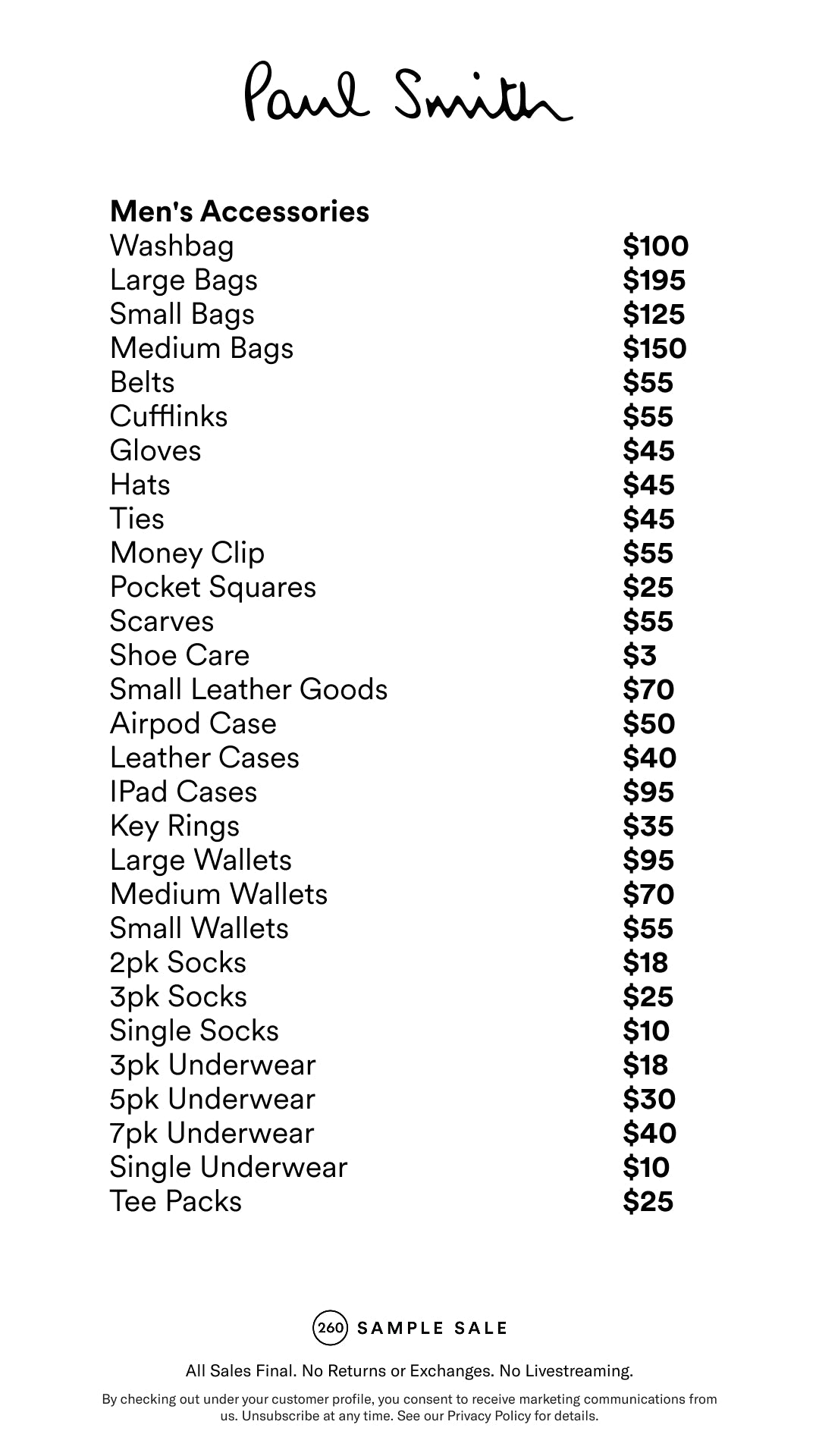 Price table