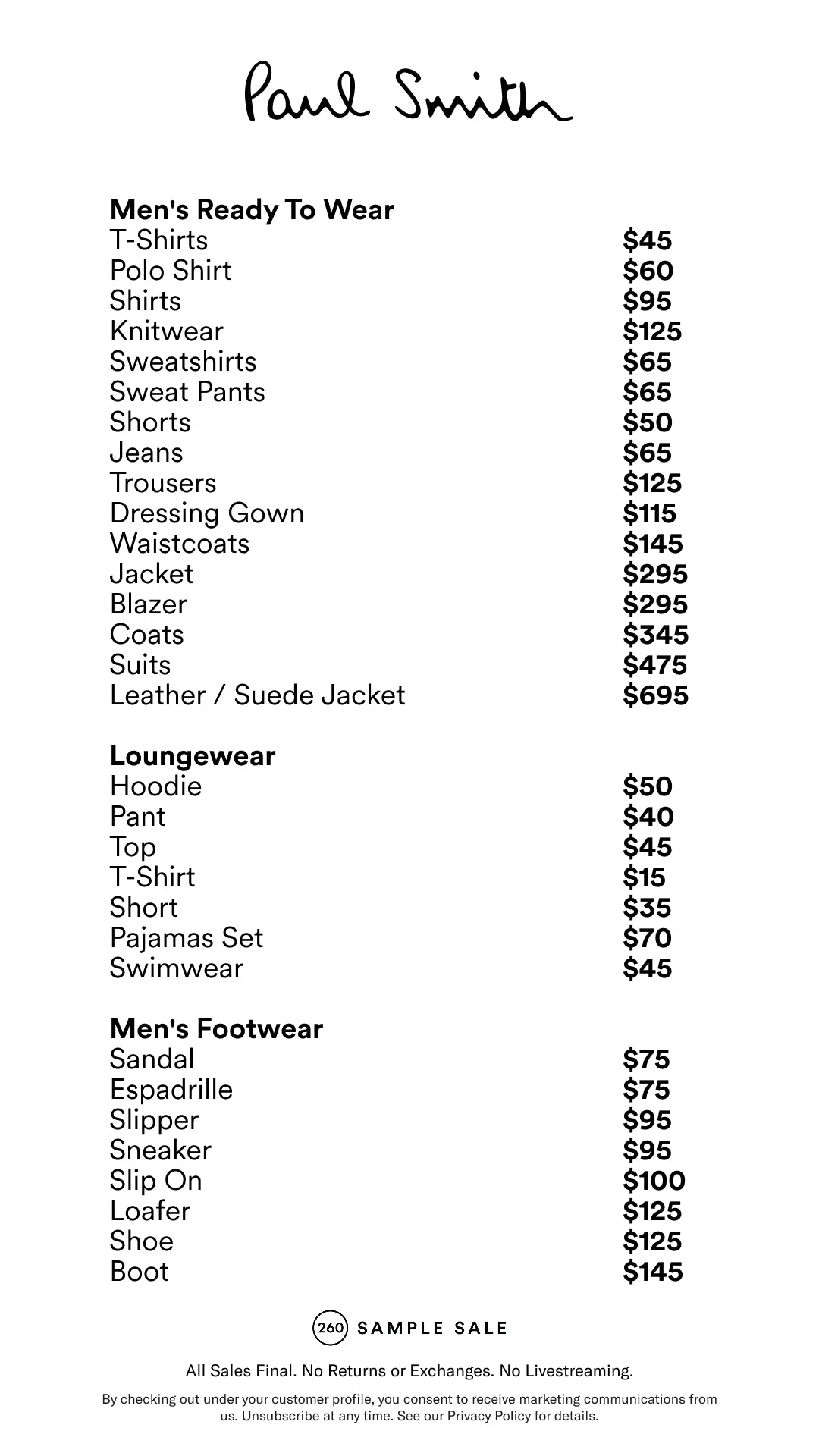 Price table
