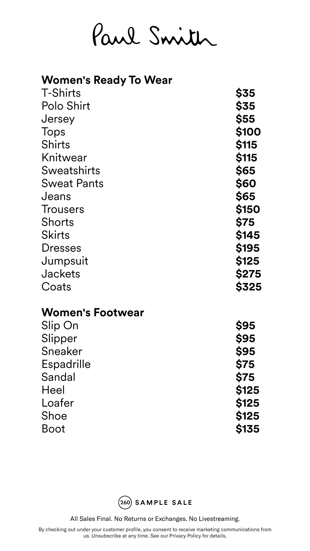 Price table