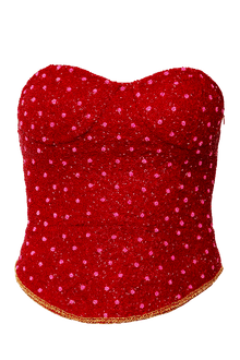 Perla Hand - Beaded Embellished Corset Top - Red - Self - Adore