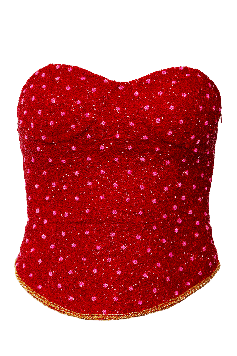 Perla Hand - Beaded Embellished Corset Top - Red - Self - Adore