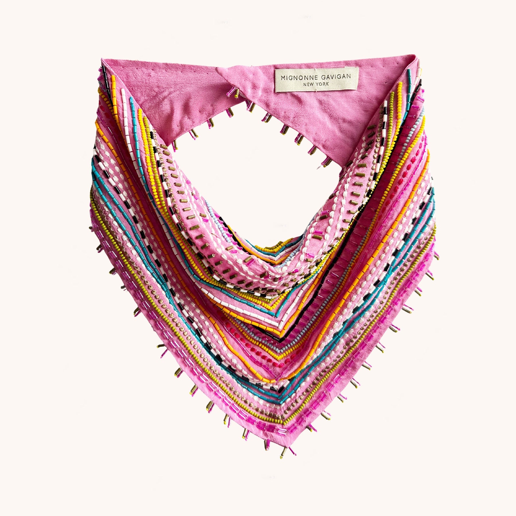 Pink Base with Multi-Colored Beading Embroidered Bandana on Tan Background