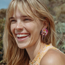 Pink and Grey Beaded and Embroidered Flower Stud Earrings Styled on Model