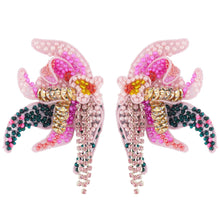 Pink and Grey Beaded and Embroidered Flower Stud Earrings on Flat White Background