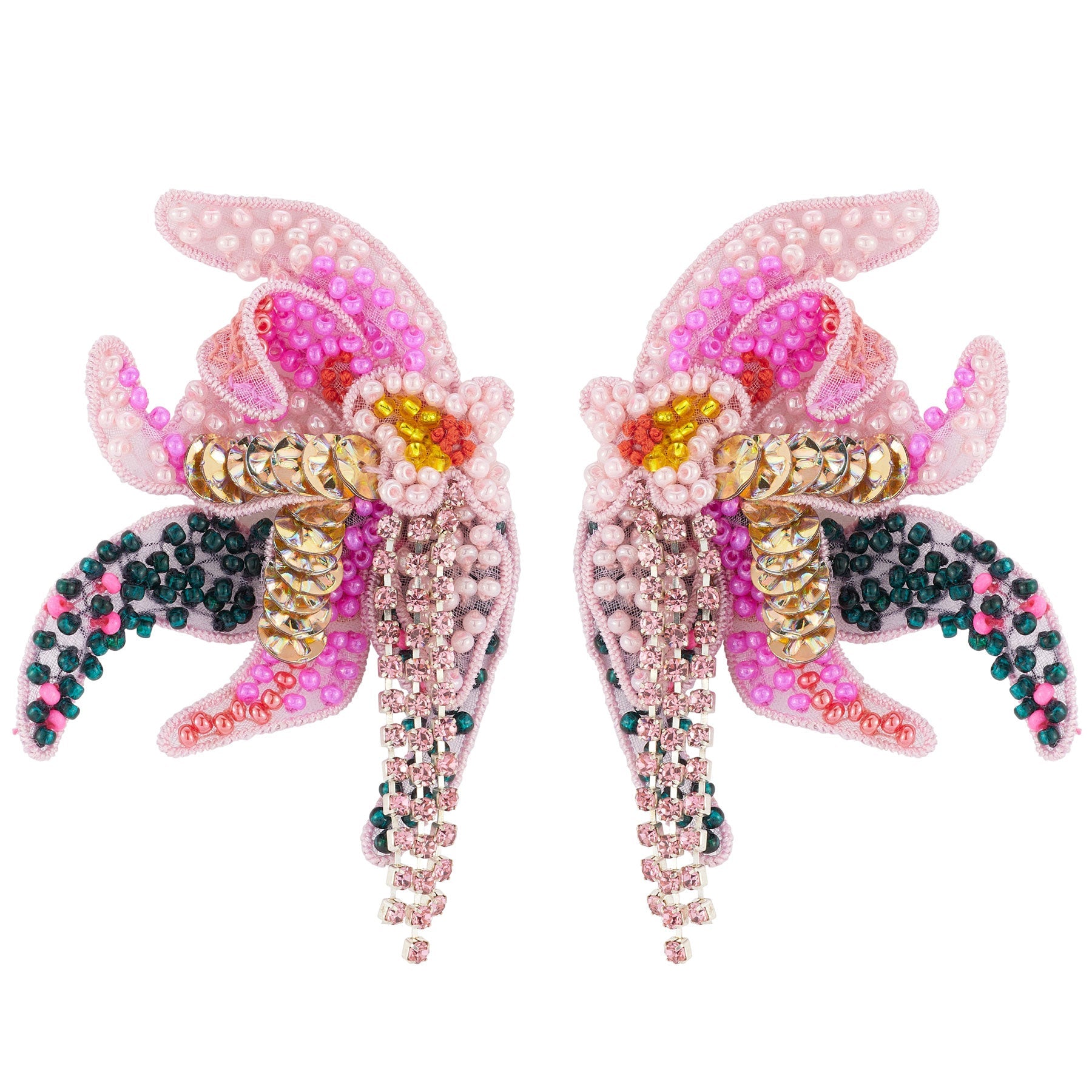Pink and Grey Beaded and Embroidered Flower Stud Earrings on Flat White Background
