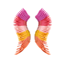 Pink, Yellow, and Orange Sequin Wing Earrings on Flat White Background