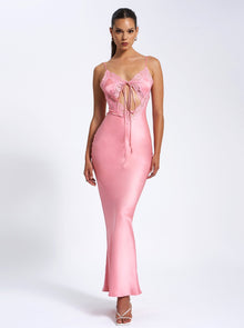 Zinnia Salmon Satin Lace Maxi Dress | Pink