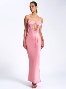 Zinnia Salmon Satin Lace Maxi Dress | Pink