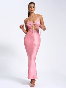 Zinnia Salmon Satin Lace Maxi Dress | Pink