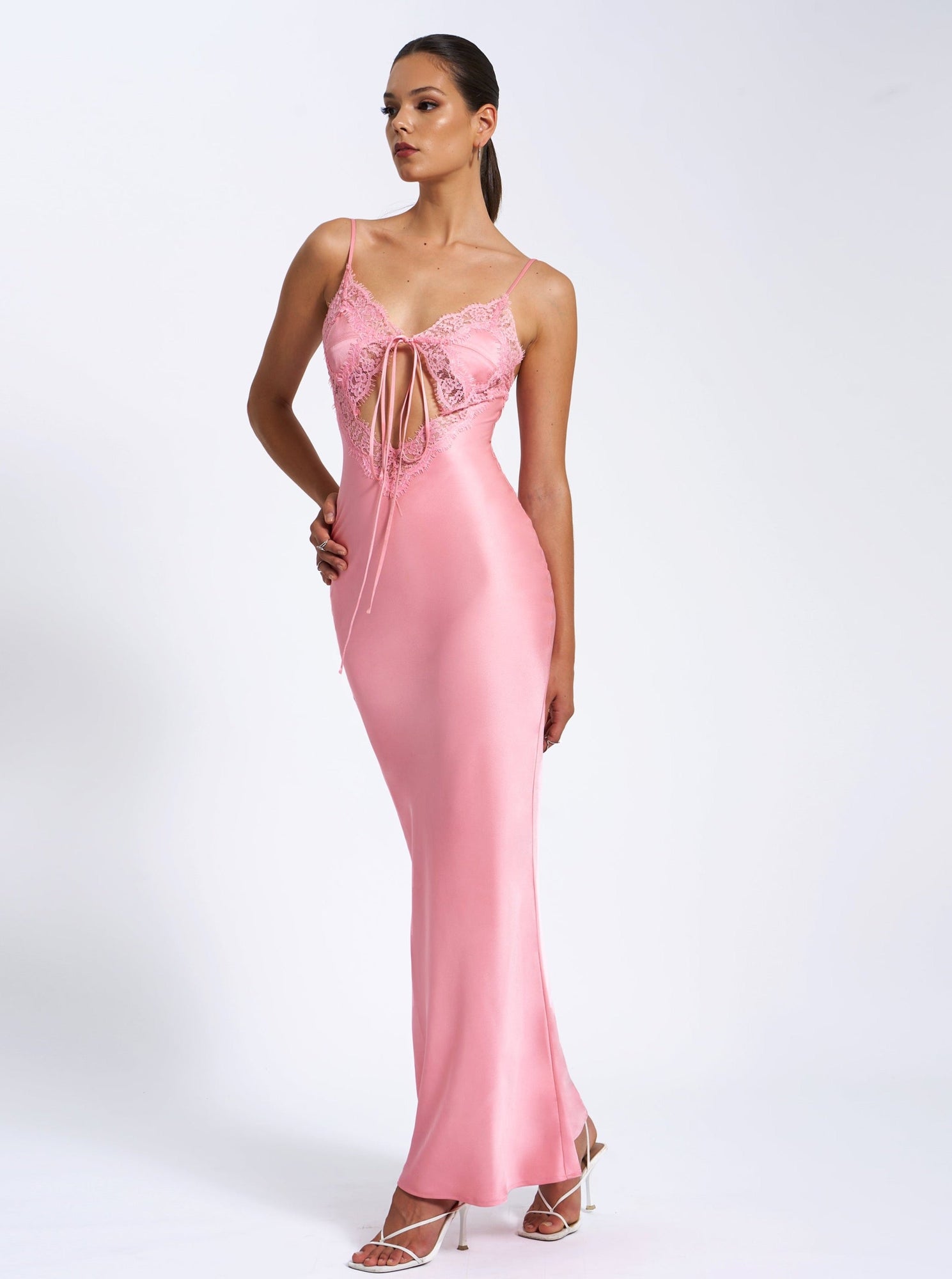 Zinnia Salmon Satin Lace Maxi Dress | Pink