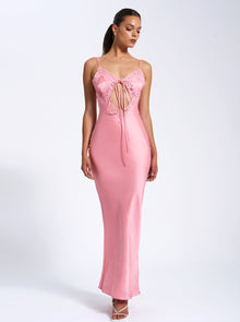 Zinnia Salmon Satin Lace Maxi Dress | Pink