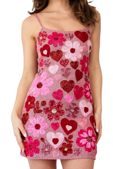 Pink Bouquet Hand-Beaded Embellished Mini Dress - Self-Adore