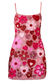 Pink Bouquet Hand-Beaded Embellished Mini Dress - Self-Adore