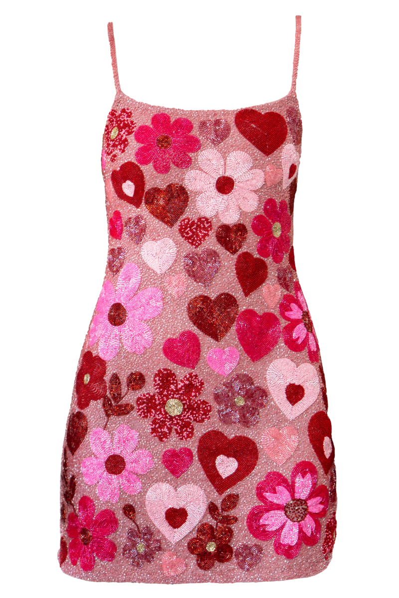 Pink Bouquet Hand-Beaded Embellished Mini Dress - Self-Adore