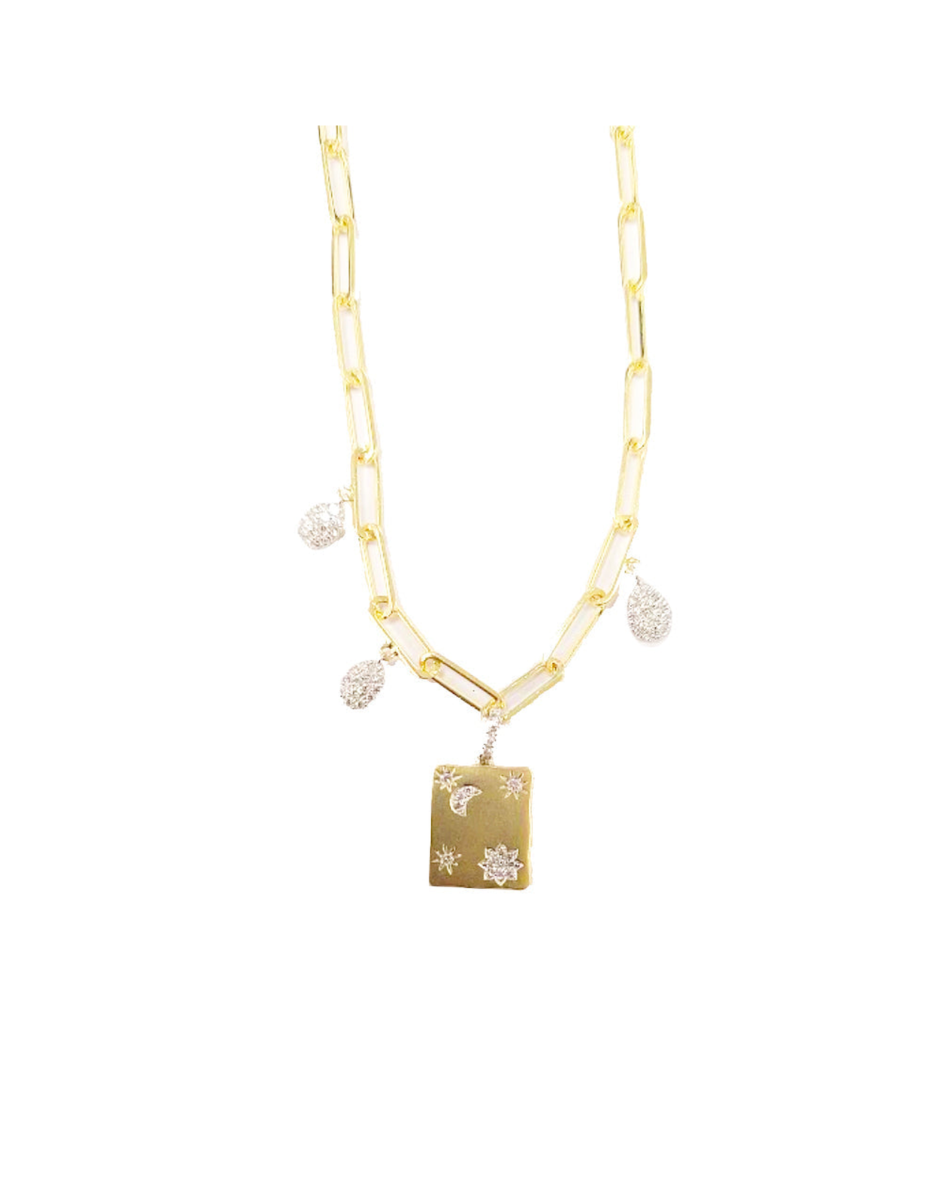 Plate Chain and Diamond Necklace | 14k Yellow Gold