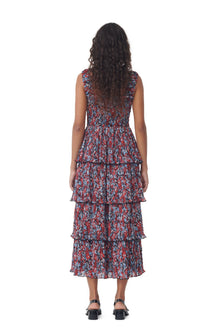 Pleated Georgette Flounce Smock Midi Dress | High Risk Red