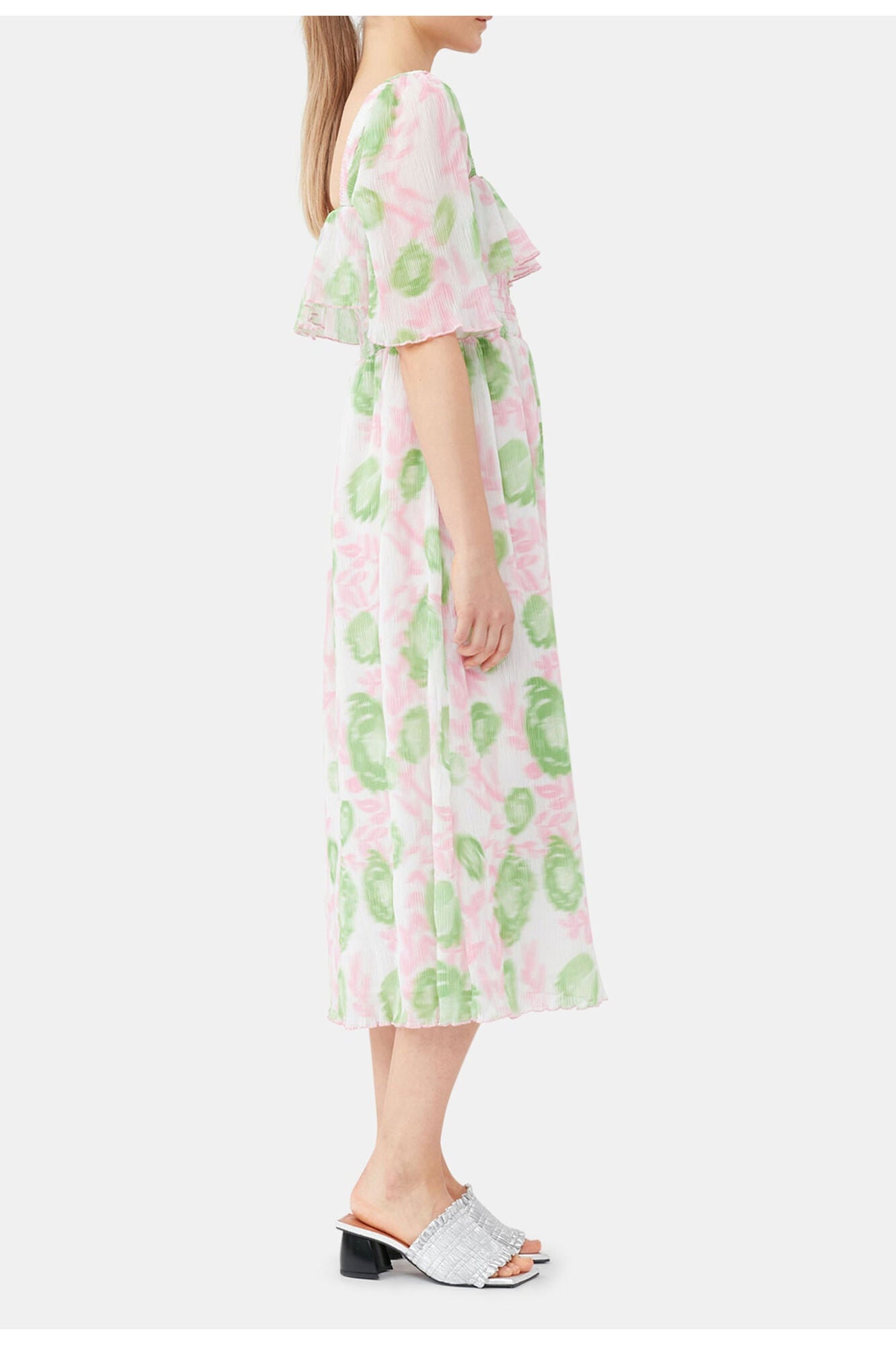 Pleated Georgette Midi Smock Dress | Pink Tulle