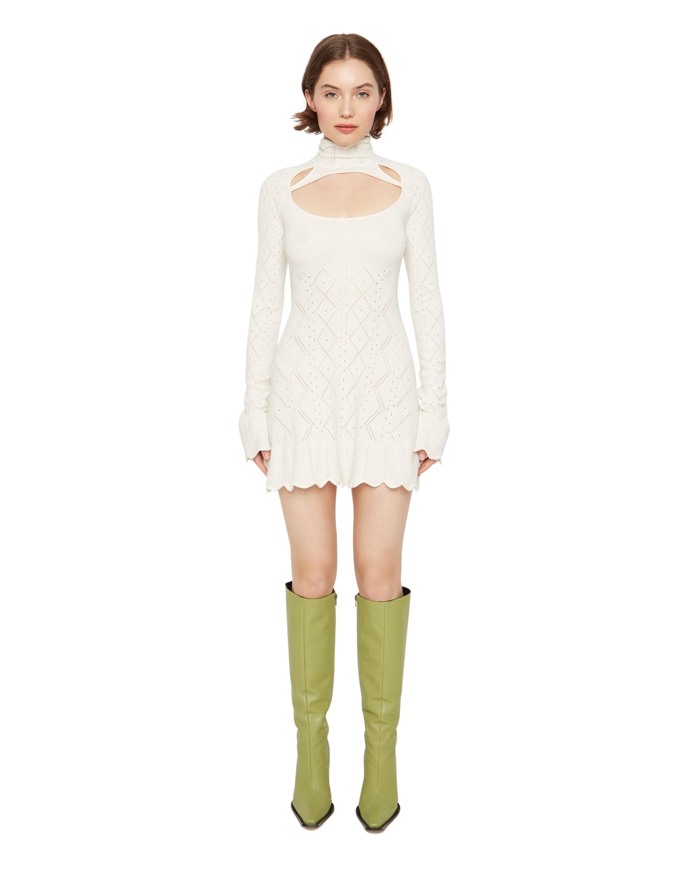 Pointelle Knit Turtleneck Dress | White