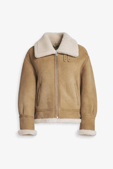 Nour Hammour Portia Modern Shearling Aviator Jacket Biscuit - Silhouette