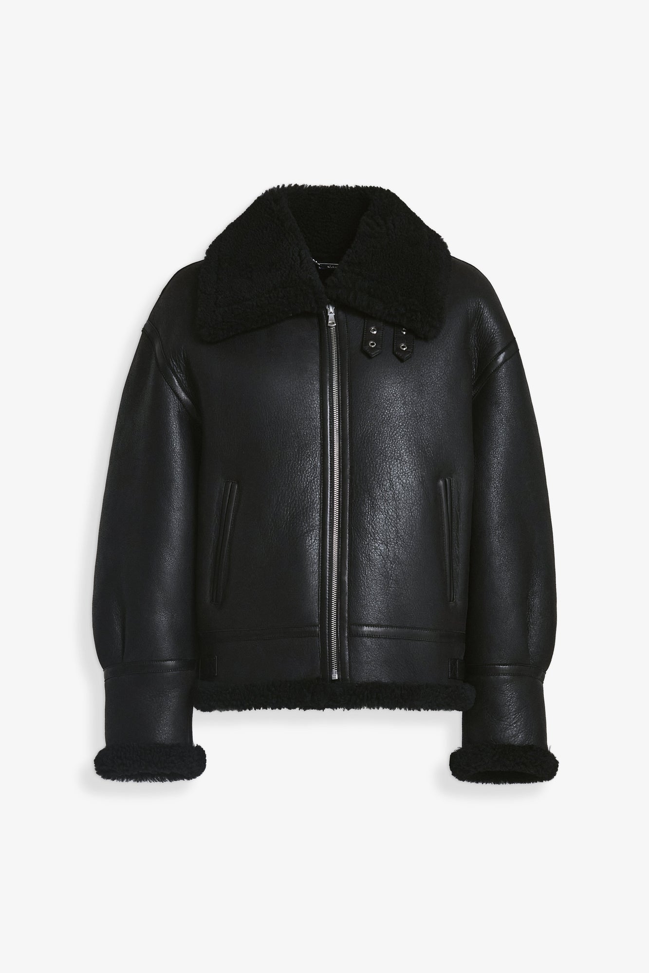 Nour Hammour Portia Modern Shearling Aviator Jacket Black - Silhouette