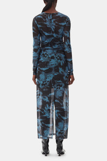 Printed Mesh O neck Ruched Long Dress | Blue Shadow