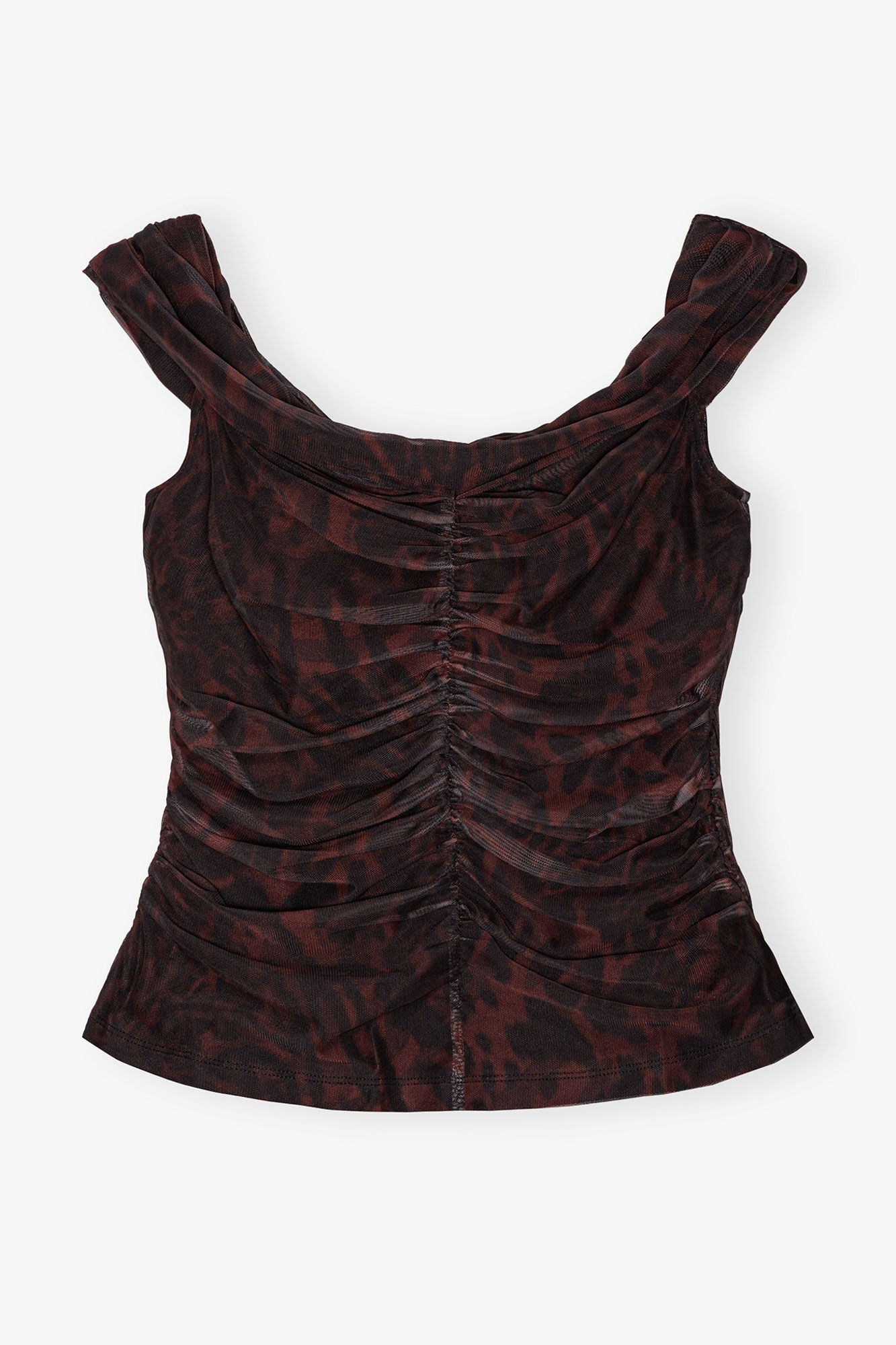 Printed Mesh Off shoulder Ruched Top | Bitter Chocolate