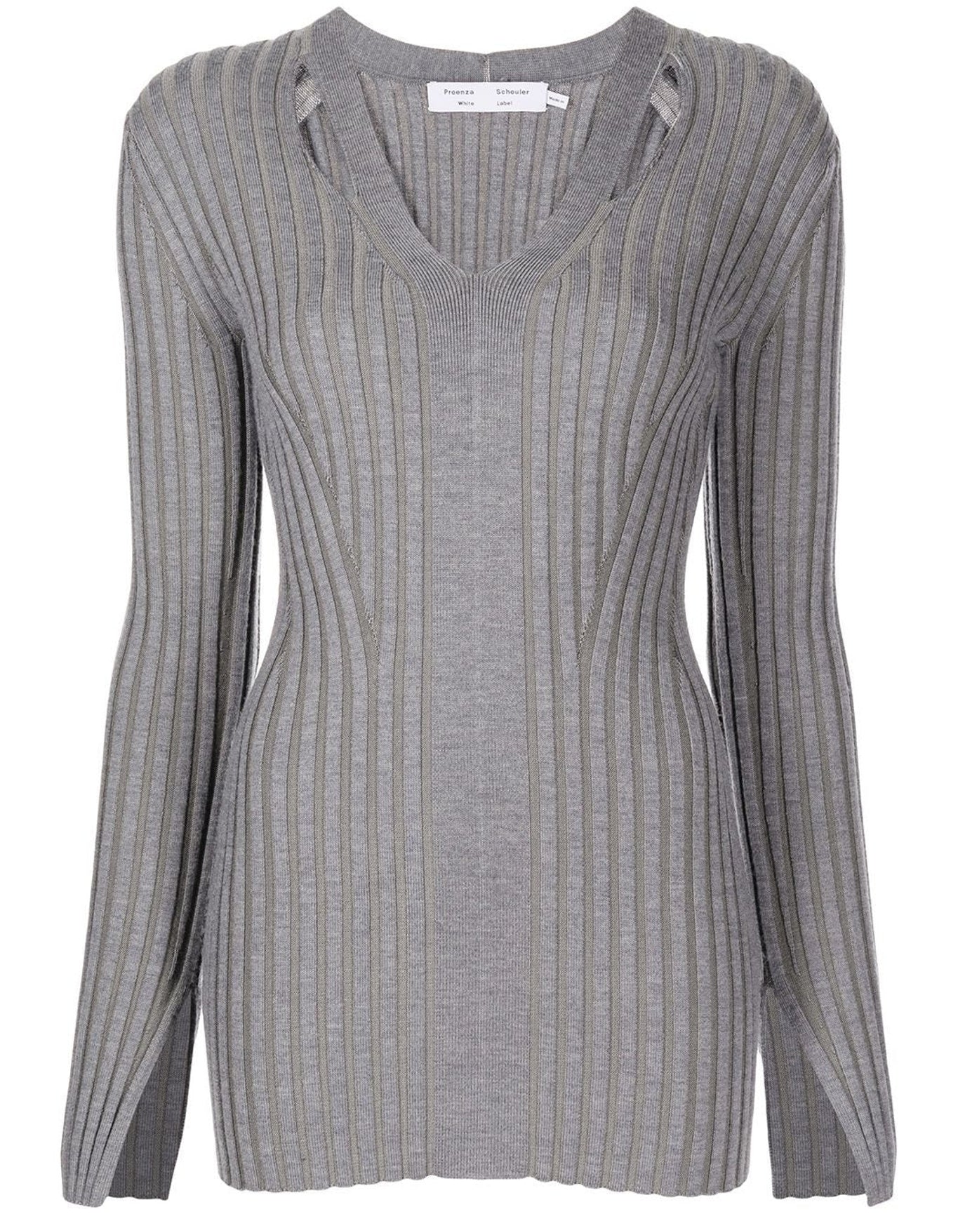 Proenza Schouler White Label | Women | Merino Rib Knit V-neck Sweater | Grey Mélange