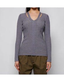 Proenza Schouler White Label | Women | Merino Rib Knit V-neck Sweater | Grey Mélange