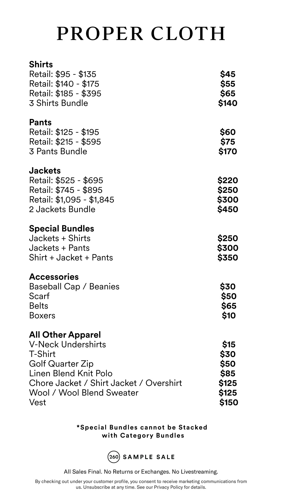Price table