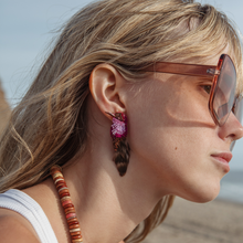 Purple and Brown Beaded and Embroidered Bird Stud Earrings Styled on Model
