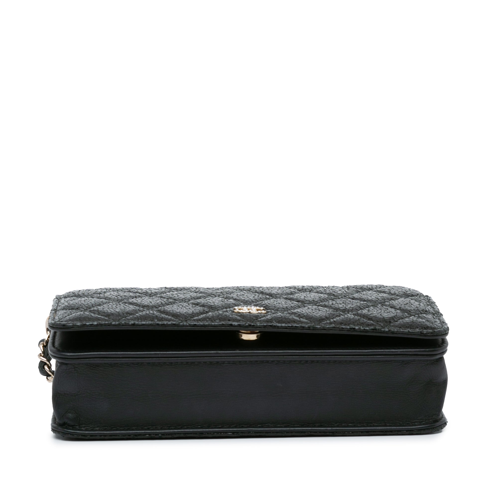 Chanel | Pre-Owned Quilted Crackled Patent Pearl Strap Wallet On Chain | Black