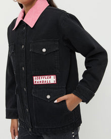 Quincy Jacket in black denim and pink corduroy.