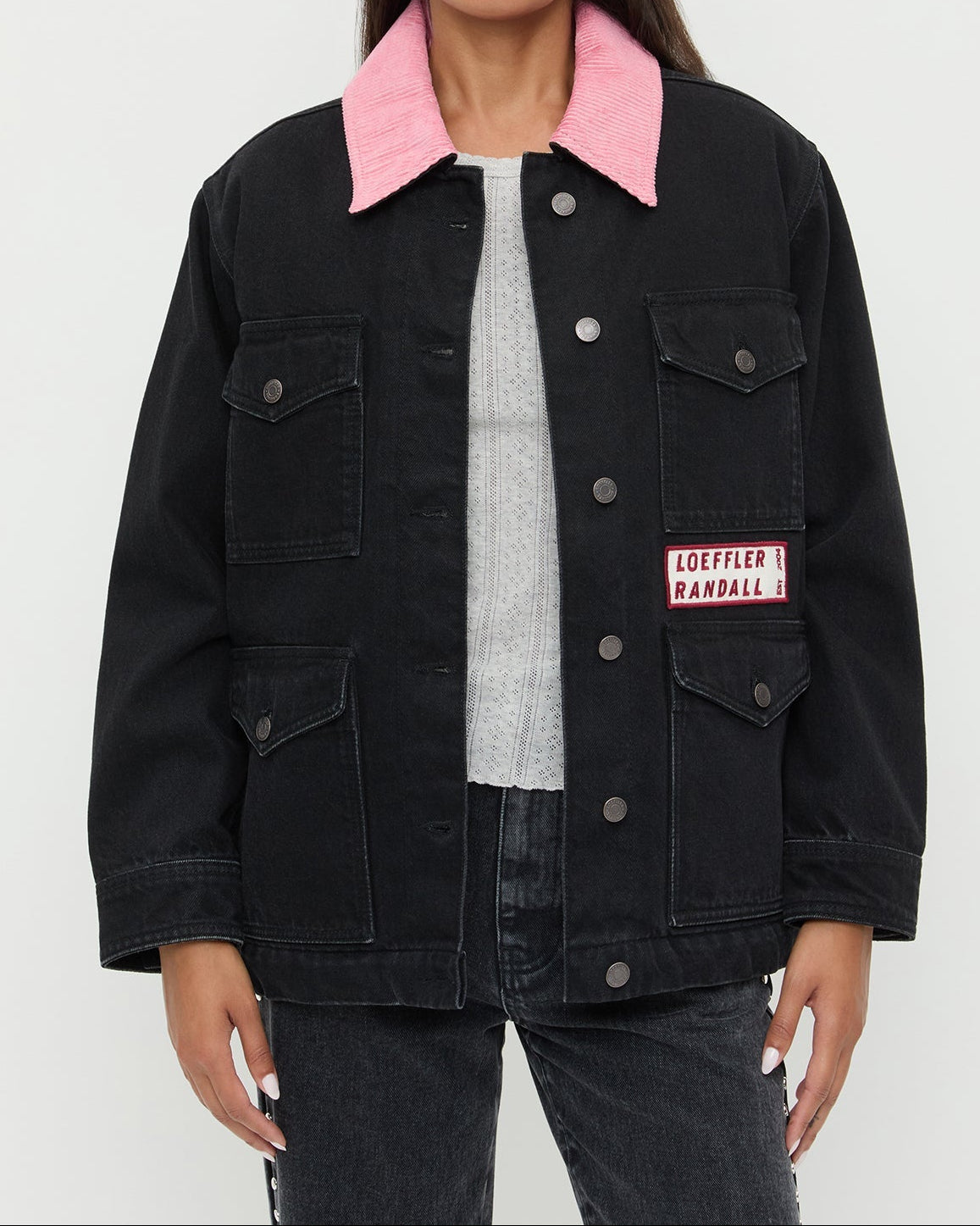 Quincy Jacket in black denim and pink corduroy and Winona Denim Barrel Pant in washed black. 