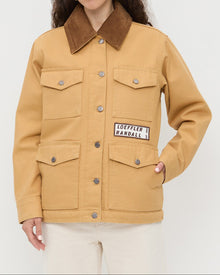 Quincy Jacket in canvas tan and brown corduroy in Winona Denim Barrel Pant in natural.