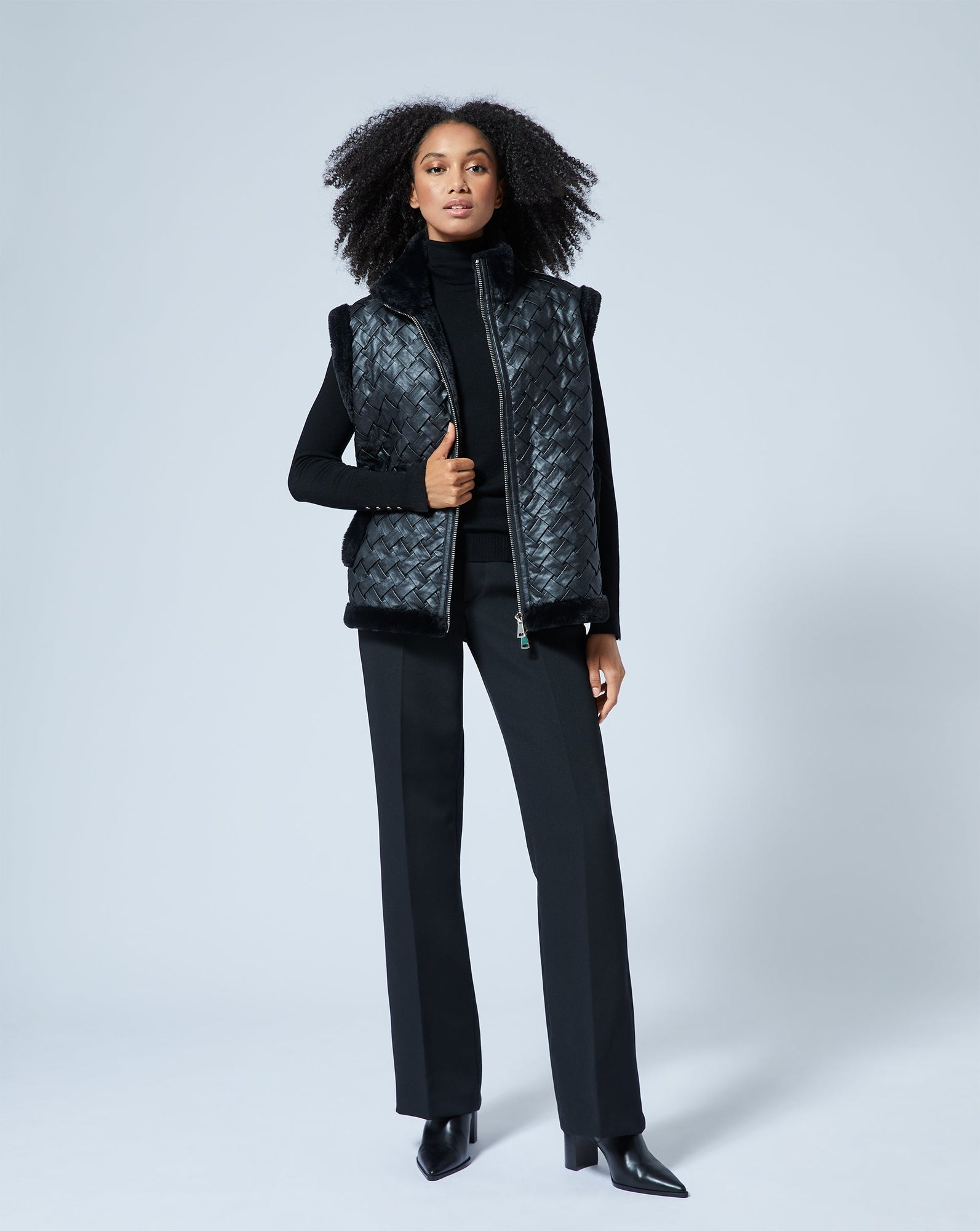 Woven Faux Leather with Faux Fur Lining Vest | Onyx