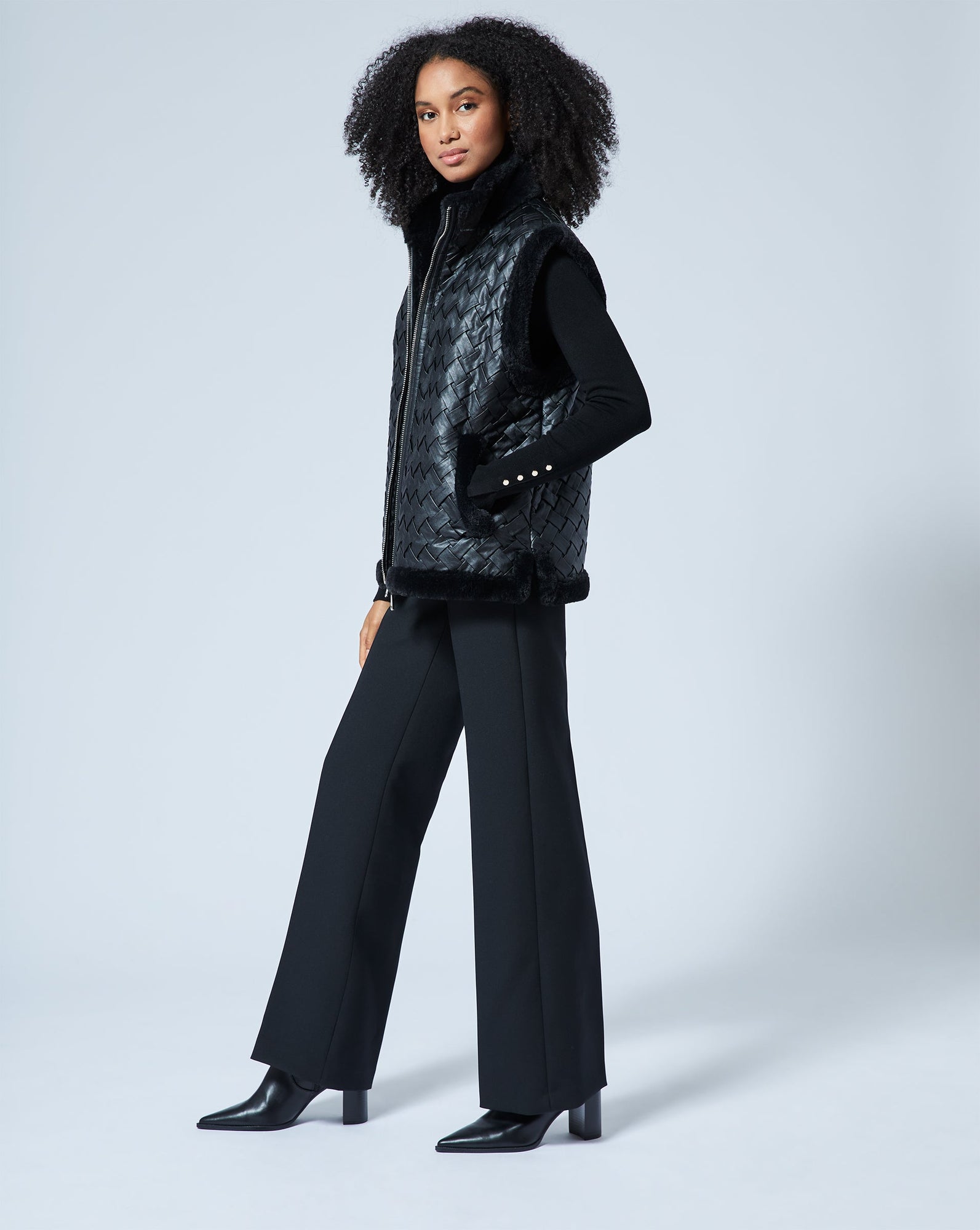 Woven Faux Leather with Faux Fur Lining Vest | Onyx