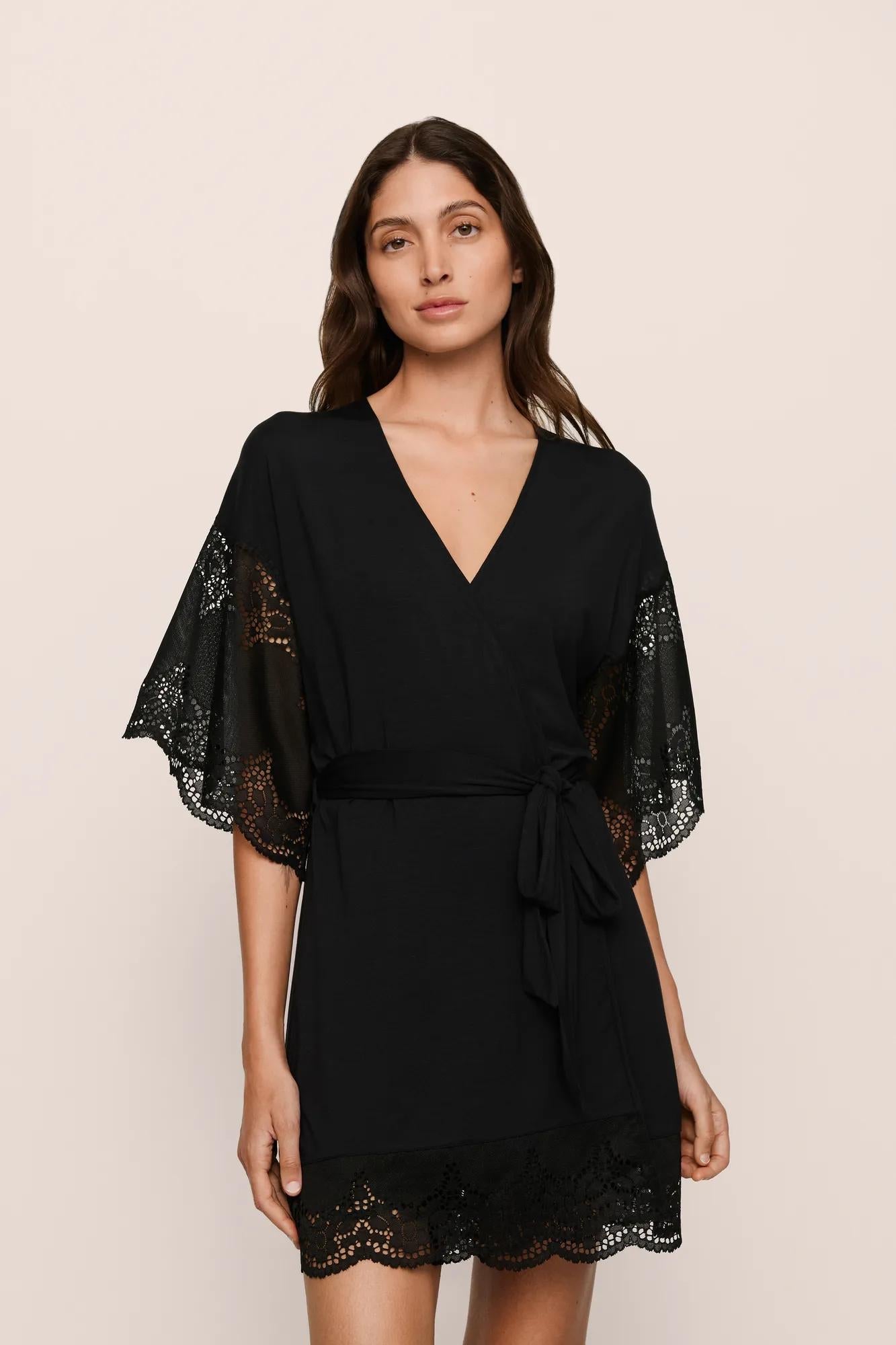 Model is wearing Beatrix TENCEL Modal Robe in Black