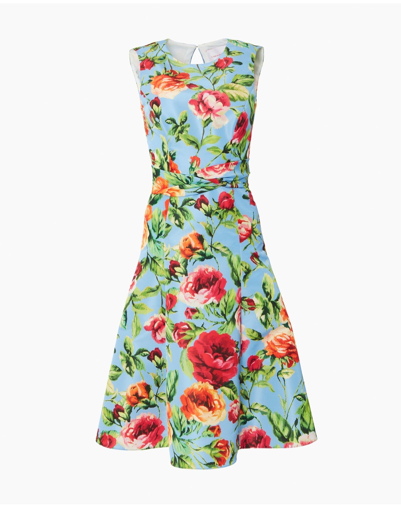 Sleeveless Crew Neck Dress with Twisted Waistband | Lake Blue Multi