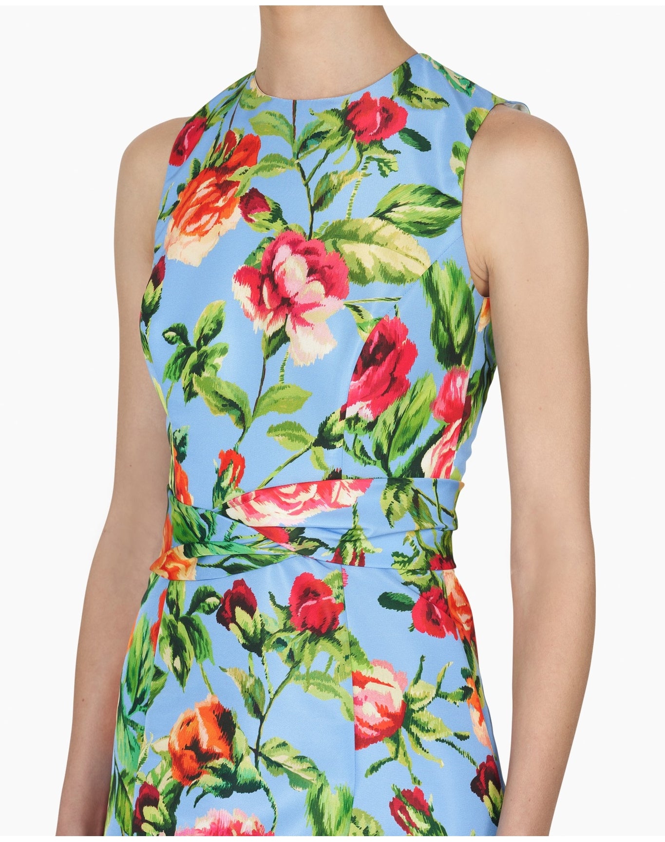 Sleeveless Crew Neck Dress with Twisted Waistband | Lake Blue Multi