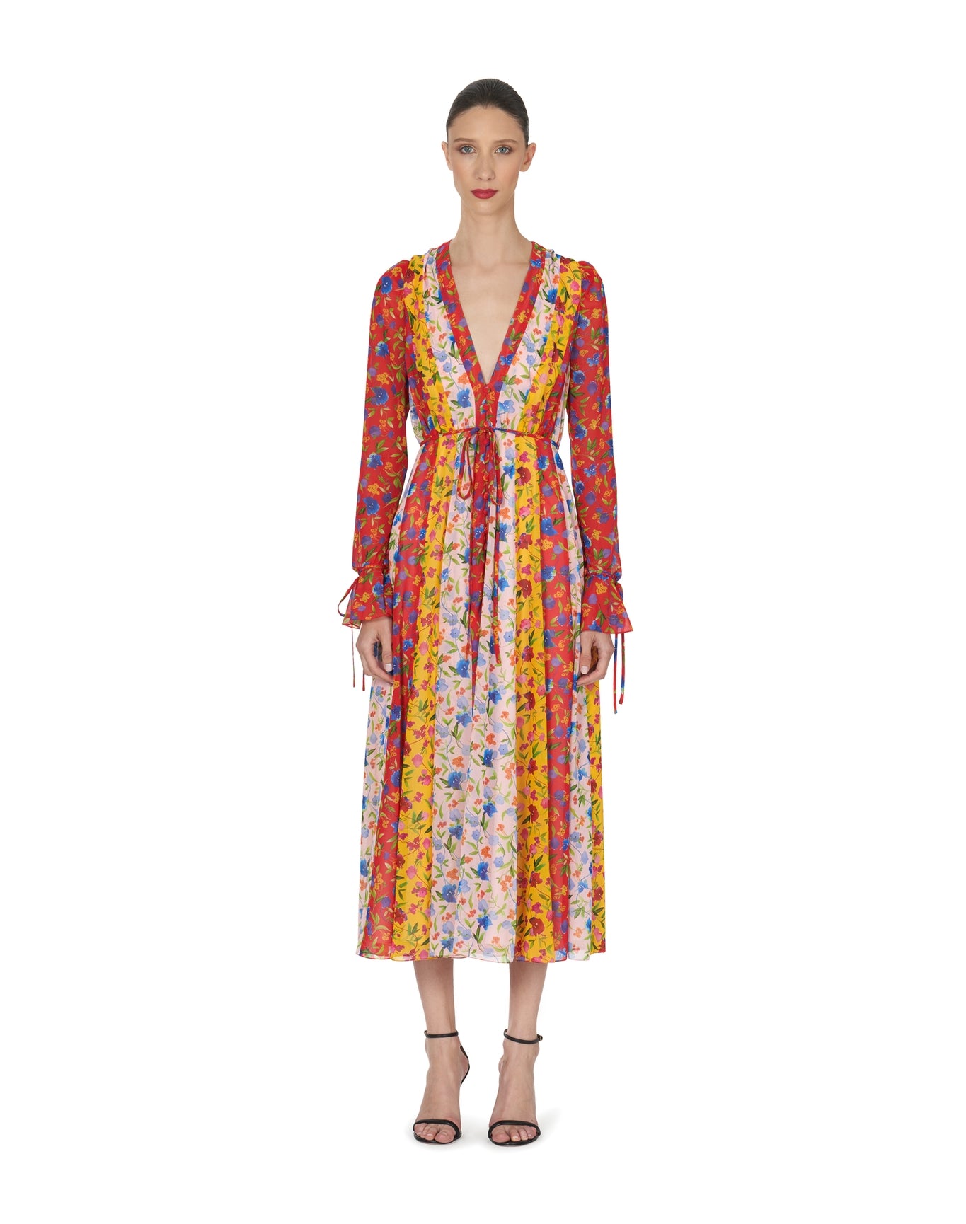 Long Sleeve V Neck Midi Dress | Multi
