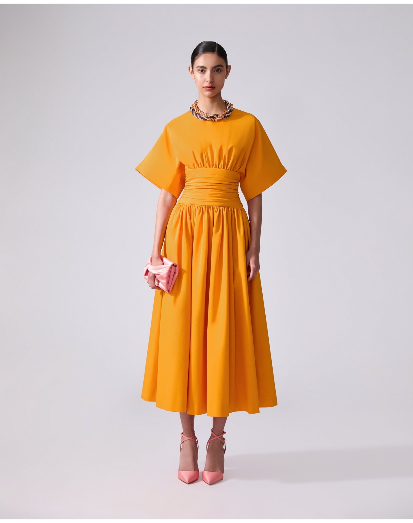crewneck midi dress Rounded Sleeve Crewneck Midi Dress With Cummerbund Waist